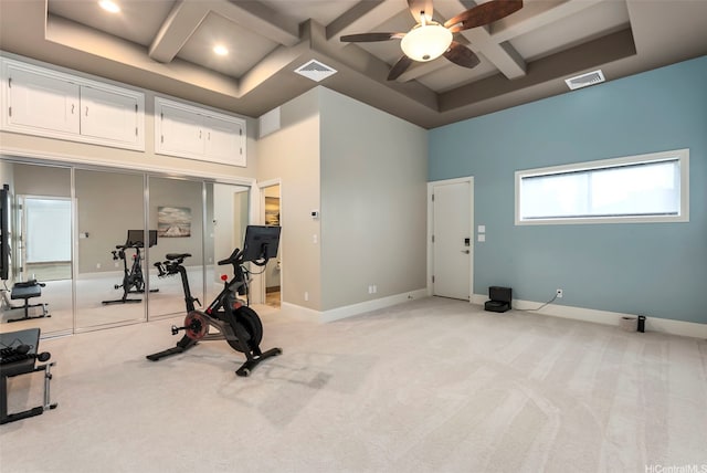 45-020 Namoku St, Kaneohe, HI 96744 - workout room with coffered ceiling, a ceiling fan, light carpet, baseboards, and recessed lighting