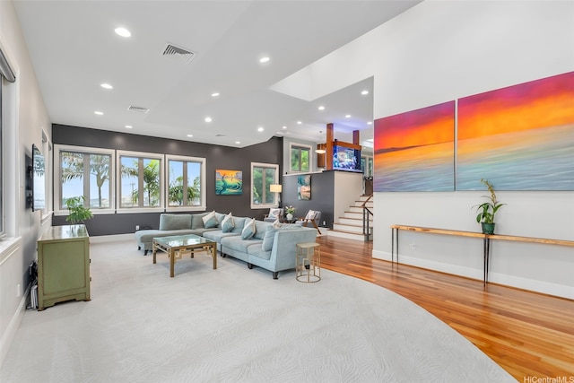 45-020 Namoku St, Kaneohe, HI 96744 - living area with recessed lighting, baseboards, carpet flooring, stairway, and wood finished floors
