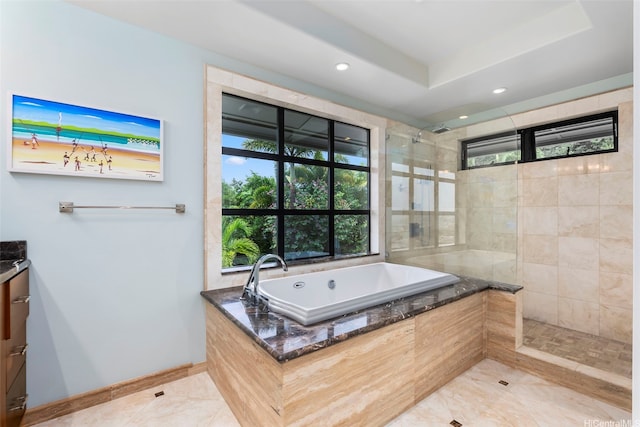 45-020 Namoku St, Kaneohe, HI 96744 - full bathroom with walk in shower, a bath, tile patterned flooring, baseboards, and vanity