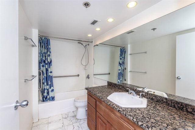 581 Kamoku St Unit 1008, Honolulu, HI 96826 - bathroom featuring vanity, toilet, visible vents, and shower / tub combo with curtain