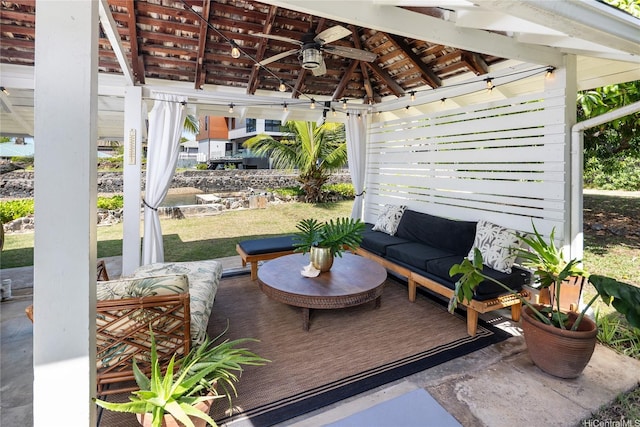 view of patio / terrace with a gazebo, outdoor lounge area, and ceiling fan