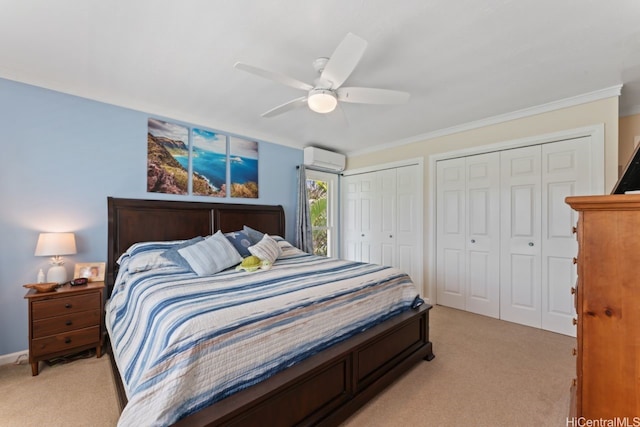 401 Opihikao Pl Unit 272, Honolulu, HI 96825 - bedroom with light colored carpet, a wall unit AC, two closets, crown molding, and a ceiling fan