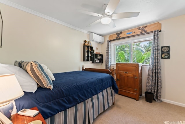 401 Opihikao Pl Unit 272, Honolulu, HI 96825 - bedroom featuring an AC wall unit, light carpet, baseboards, crown molding, and ceiling fan