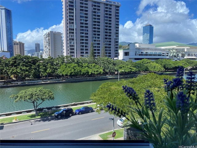 view of water feature with a city view