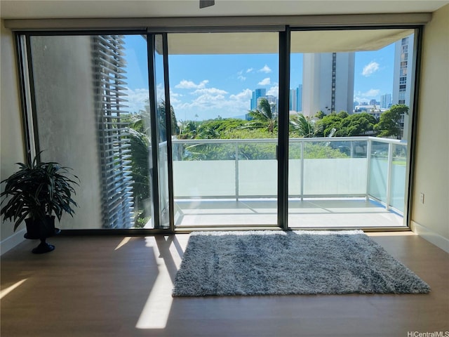 doorway to outside with a city view, wood finished floors, and a healthy amount of sunlight