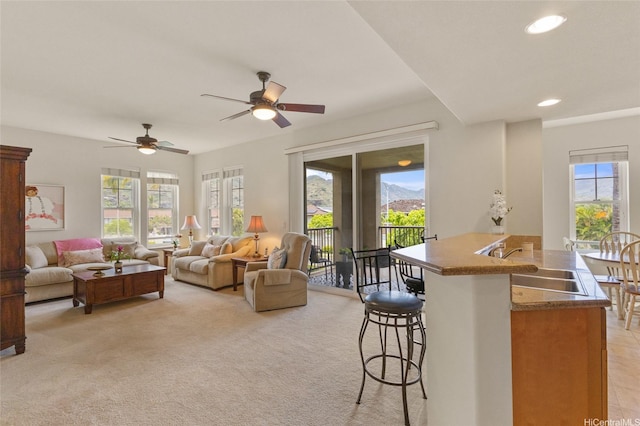 520 Lunalilo Home Rd Unit 8124, Honolulu, HI 96825 - living room featuring light carpet, a ceiling fan, and recessed lighting