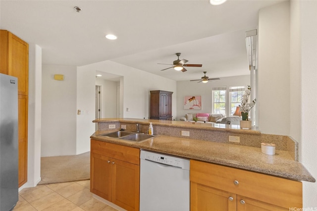 520 Lunalilo Home Rd Unit 8124, Honolulu, HI 96825 - kitchen with light colored carpet, dishwasher, a sink, freestanding refrigerator, and light tile patterned flooring