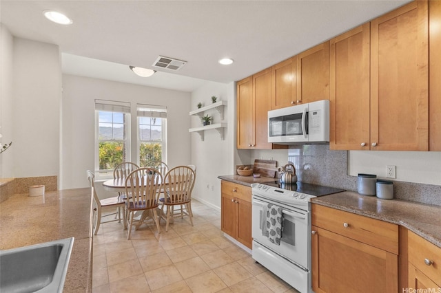 520 Lunalilo Home Rd Unit 8124, Honolulu, HI 96825 - kitchen featuring visible vents, open shelves, white appliances, a sink, and light tile patterned floors