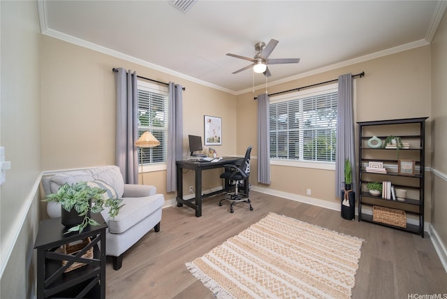 91-1243 Kuanoo St, Ewa Beach, HI 96706 - home office with ornamental molding, ceiling fan, wood finished floors, and baseboards