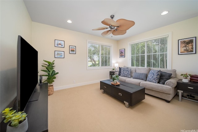 91-1243 Kuanoo St, Ewa Beach, HI 96706 - living room featuring light carpet, ceiling fan, recessed lighting, and baseboards