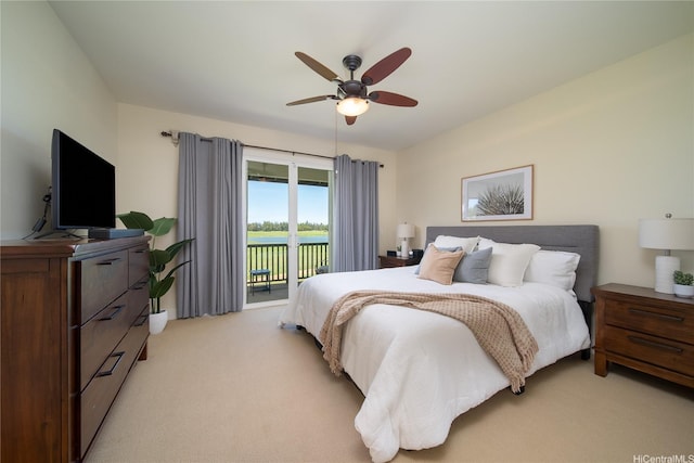 91-1243 Kuanoo St, Ewa Beach, HI 96706 - bedroom featuring access to exterior, light colored carpet, and a ceiling fan