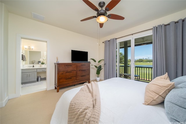 91-1243 Kuanoo St, Ewa Beach, HI 96706 - bedroom featuring access to outside, light colored carpet, ensuite bath, baseboards, and ceiling fan