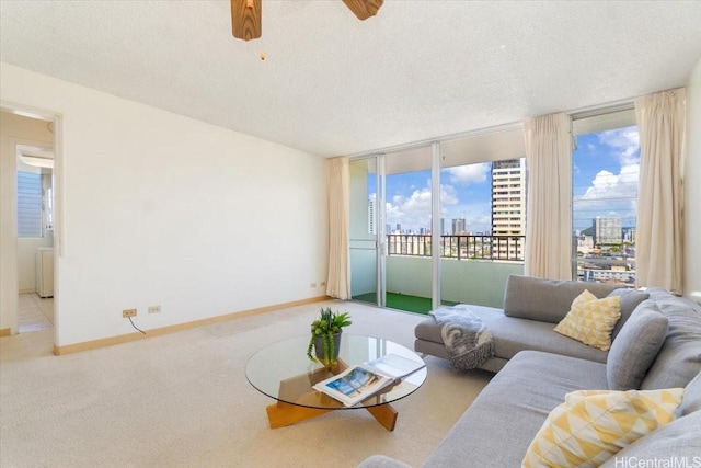 796 Isenberg St Unit 11A, Honolulu, HI 96826 - carpeted living area featuring a ceiling fan, baseboards, and a textured ceiling