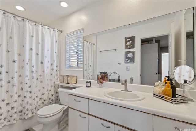 full bath featuring vanity, recessed lighting, shower / tub combo with curtain, and toilet