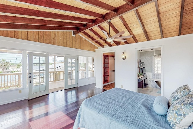 bedroom featuring wood finished floors, access to exterior, baseboards, vaulted ceiling with beams, and wood ceiling