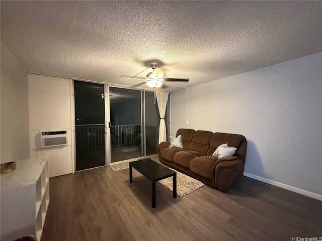 95-020 Waihonu St Unit C402, Mililani, HI 96789 - living room with a textured ceiling, ceiling fan, dark wood finished floors, and baseboards