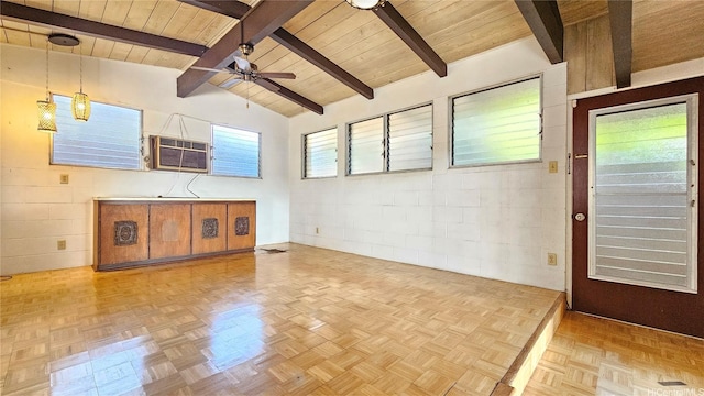 empty room featuring lofted ceiling with beams, concrete block wall, a ceiling fan, wooden ceiling, and a wall mounted AC