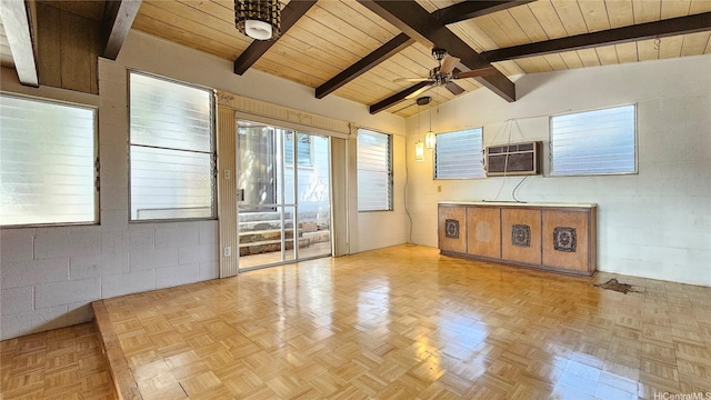 empty room featuring ceiling fan, concrete block wall, wooden ceiling, lofted ceiling with beams, and cooling unit
