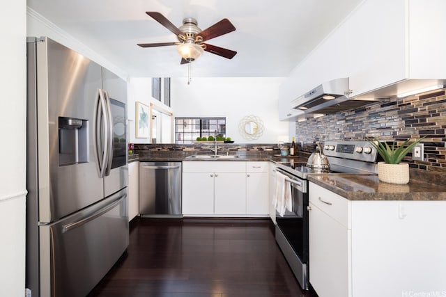 91-1046 Apaa St, Ewa Beach, HI 96706 - kitchen with ceiling fan, white cabinetry, a sink, backsplash, and stainless steel appliances