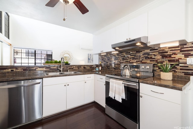 91-1046 Apaa St, Ewa Beach, HI 96706 - kitchen featuring a ceiling fan, backsplash, appliances with stainless steel finishes, a sink, and under cabinet range hood