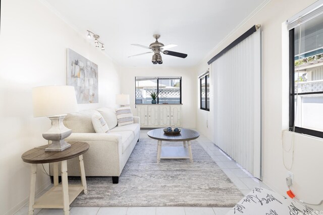 91-1046 Apaa St, Ewa Beach, HI 96706 - living area featuring light tile patterned floors, crown molding, and a ceiling fan