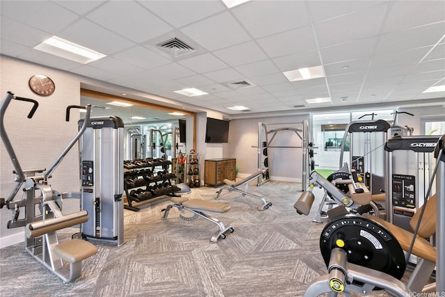 629 Keeaumoku St Unit 3401, Honolulu, HI 96814 - gym featuring baseboards, visible vents, carpet, and a paneled ceiling