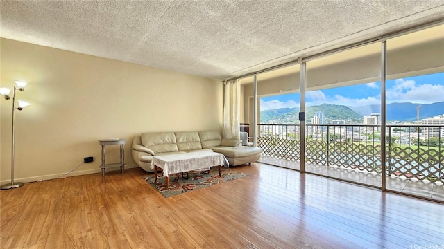 living room with a mountain view, floor to ceiling windows, light wood-style flooring, and a textured ceiling