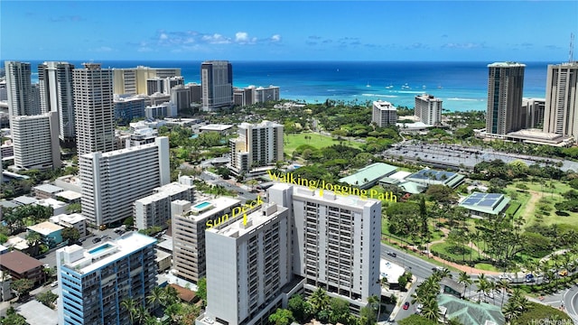 bird's eye view with a water view