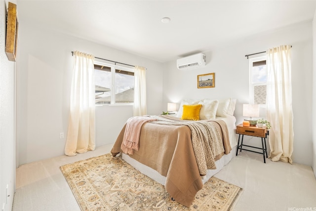 carpeted bedroom featuring a wall unit AC and multiple windows