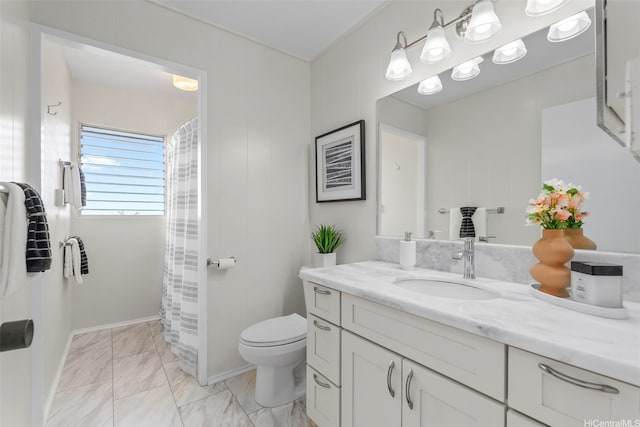 bathroom featuring vanity, marble finish floor, toilet, and a shower with curtain