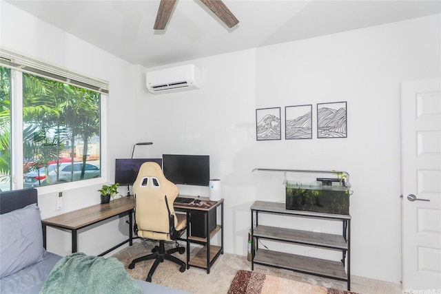 office with ceiling fan and a wall mounted air conditioner