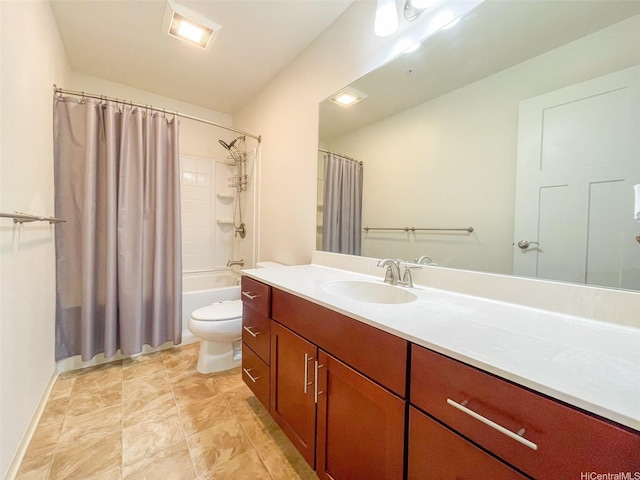 full bathroom featuring toilet, baseboards, vanity, and shower / tub combo