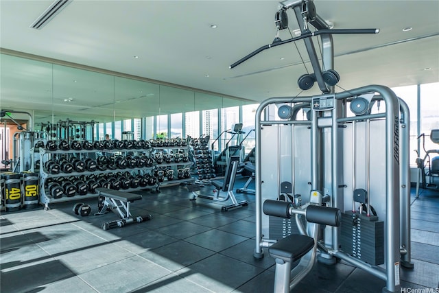 1118 Ala Moana Blvd Unit 1203, Honolulu, HI 96814 - gym with visible vents and a wall of windows
