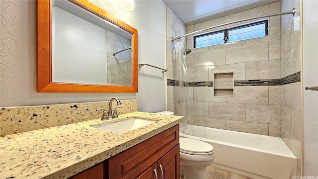 full bathroom with toilet, vanity, shower / tub combo, and wood finished floors