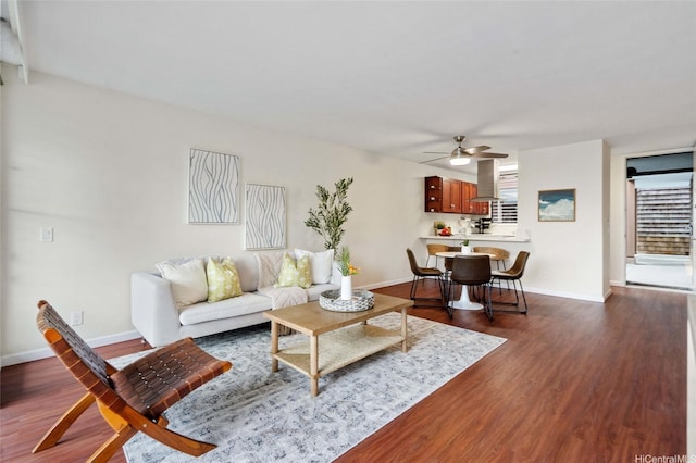 1015 Aoloa Pl Unit 258, Kailua, HI 96734 - living area featuring baseboards, a ceiling fan, and dark wood-type flooring