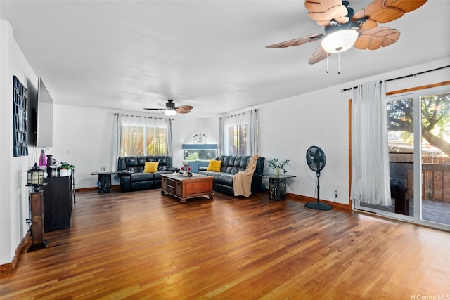 living room with ceiling fan, a wealth of natural light, and wood finished floors
