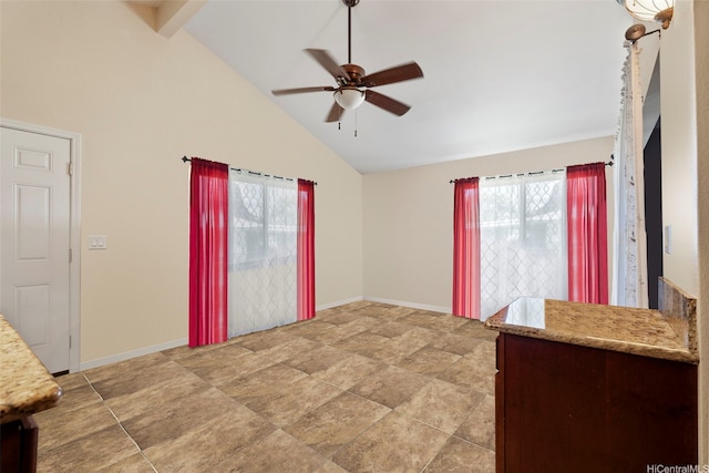 interior space featuring a ceiling fan, high vaulted ceiling, baseboards, and beam ceiling