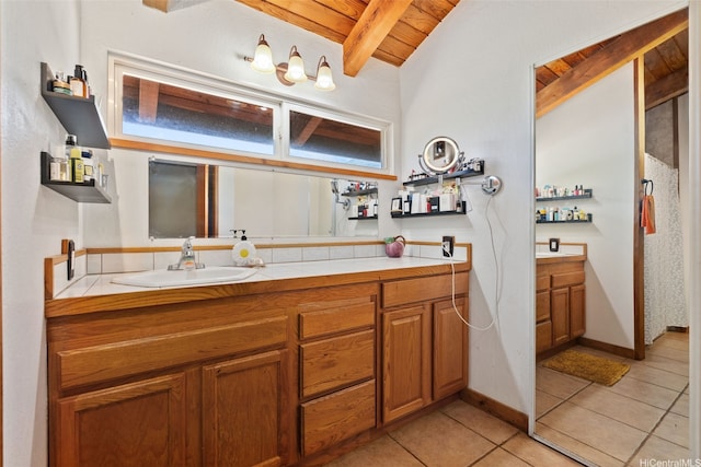 full bathroom with wooden ceiling, vanity, tile patterned flooring, and beam ceiling