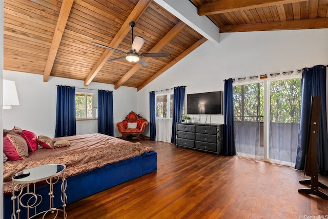 bedroom with a ceiling fan, access to exterior, beam ceiling, wood finished floors, and wooden ceiling