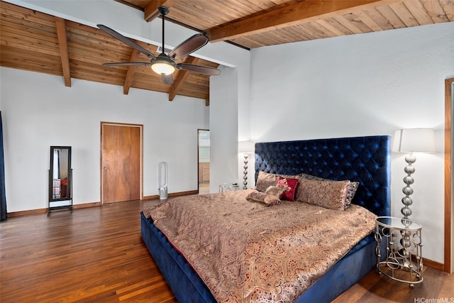 bedroom featuring wood finished floors, baseboards, vaulted ceiling with beams, wooden ceiling, and a ceiling fan