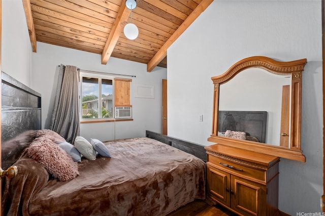 bedroom featuring dark wood-style flooring, beamed ceiling, wooden ceiling, and cooling unit