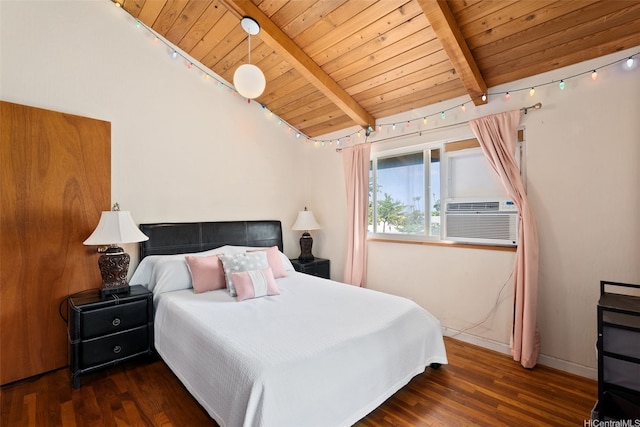 bedroom featuring cooling unit, rail lighting, baseboards, wood finished floors, and wood ceiling