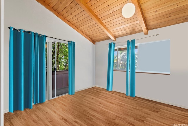 unfurnished room with vaulted ceiling with beams, baseboards, wood finished floors, and wooden ceiling