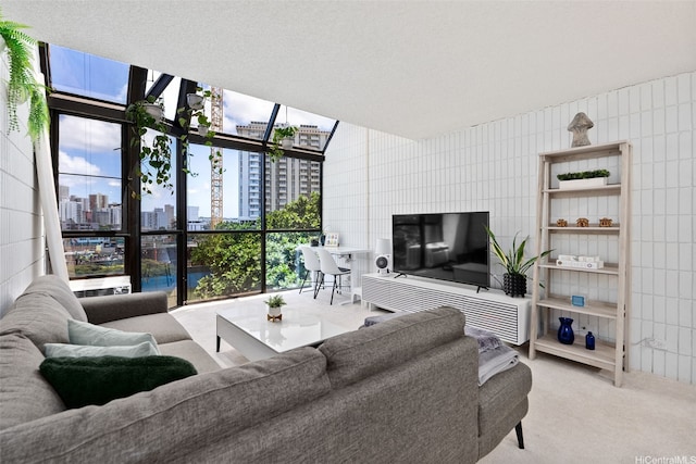 carpeted living room with a view of city and floor to ceiling windows