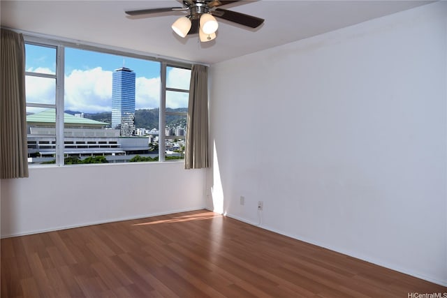 unfurnished room featuring plenty of natural light, a ceiling fan, and wood finished floors
