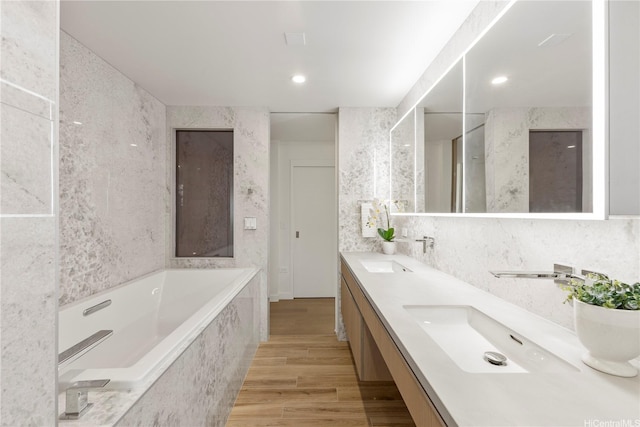 bathroom featuring wood finished floors, a sink, a bath, and double vanity