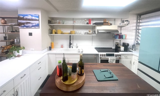 kitchen featuring white cabinets, open shelves, a sink, stainless steel appliances, and under cabinet range hood