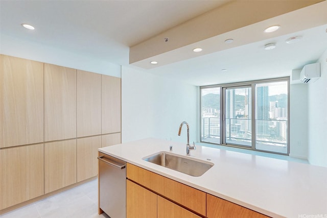 1388 Kapiolani Blvd Unit 2209, Honolulu, HI 96814 - kitchen with a wall mounted air conditioner, recessed lighting, dishwasher, a sink, and light countertops