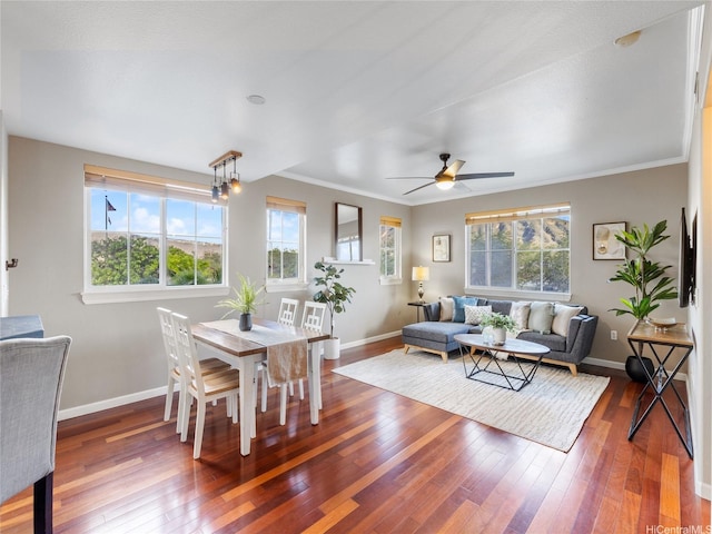 dining space featuring wood-type flooring, baseboards, crown molding, and a healthy amount of sunlight