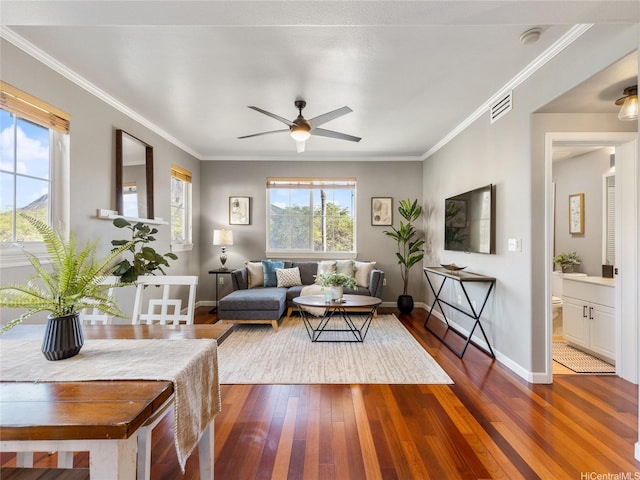 living area featuring a ceiling fan, baseboards, dark wood-type flooring, visible vents, and ornamental molding